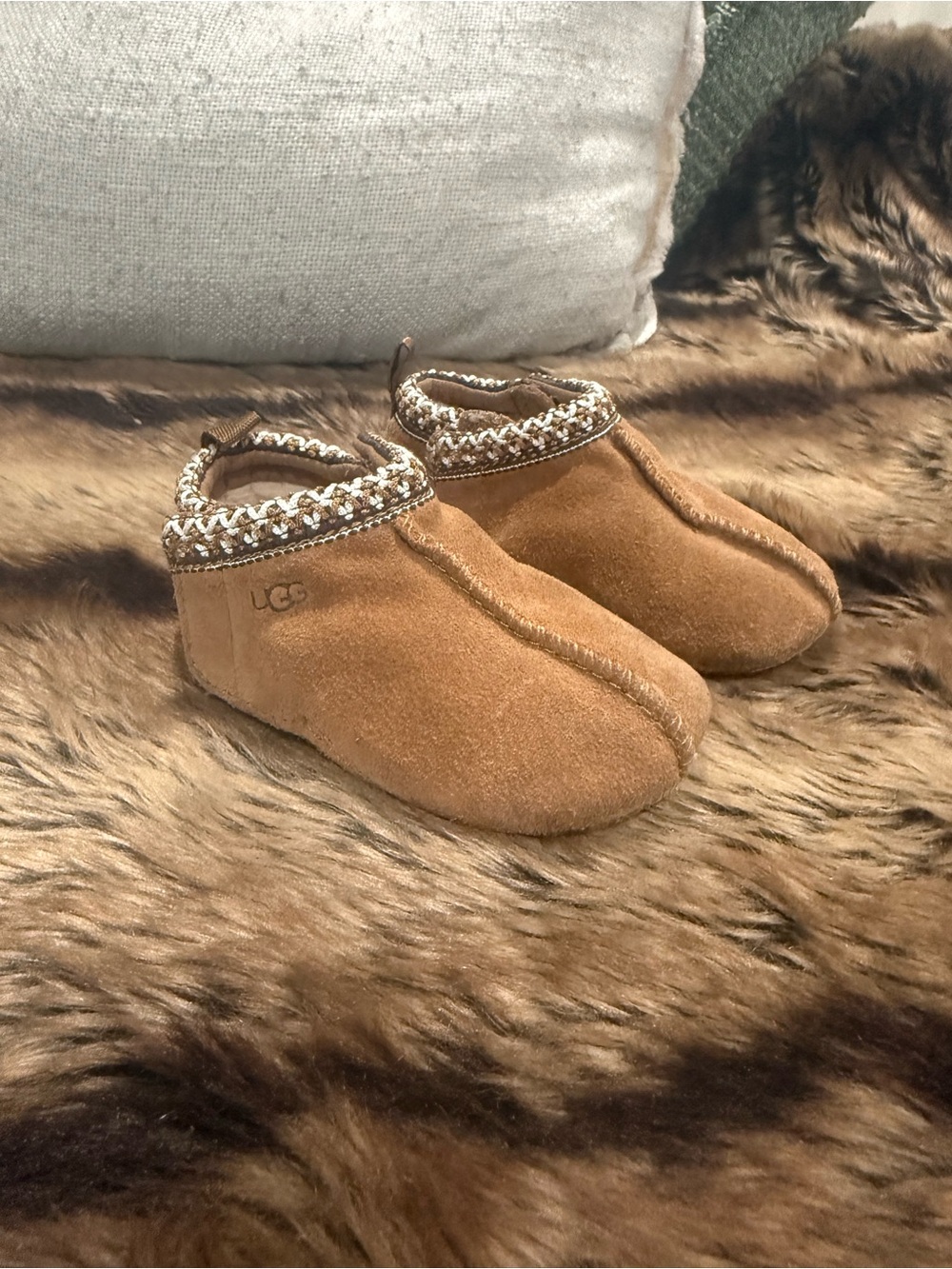UGG Kids Chestnut Suede Slip-On Booties with Knit Trim